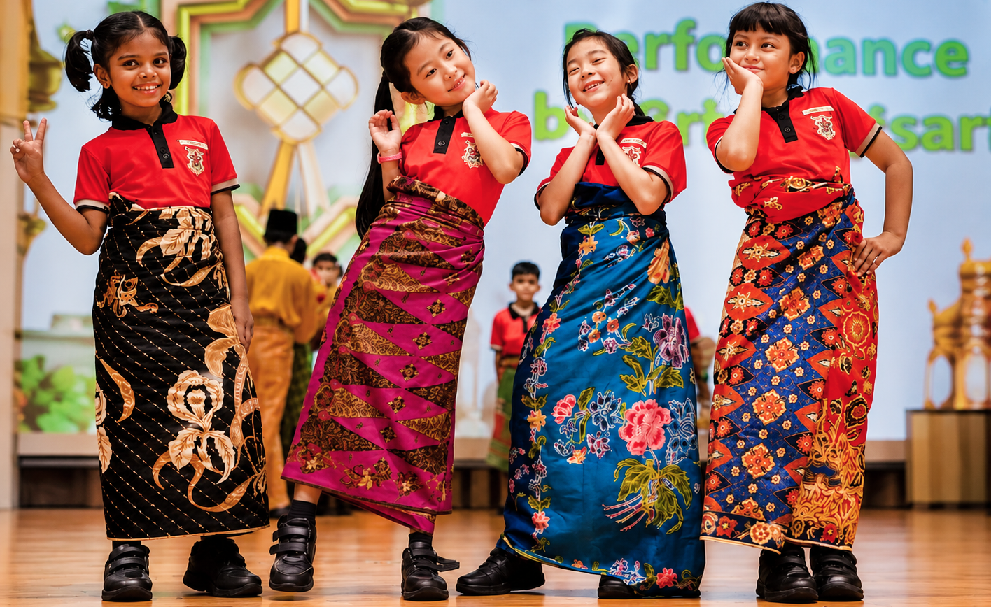 Four girls in red shirts and patterned sarongs pose on a stage with hands on cheeks, smiling.